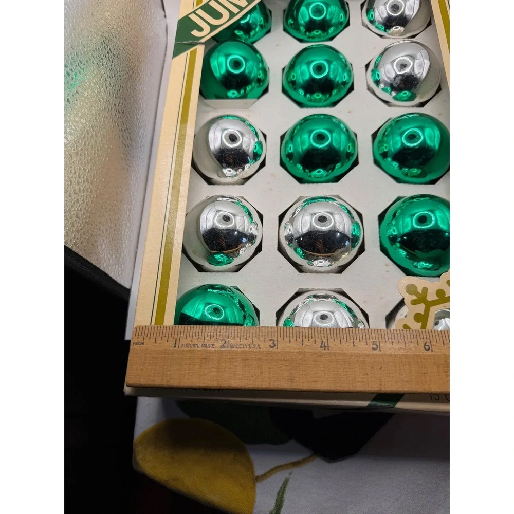 Vintage‎ Pyramid Large Glass Christmas Ornaments Green Silver Set of 15 USA Made